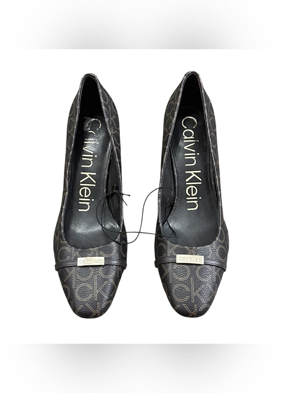 Calvin Klein Women’s 9M CK Monogram Logo Block Heel Pumps Brown Gold